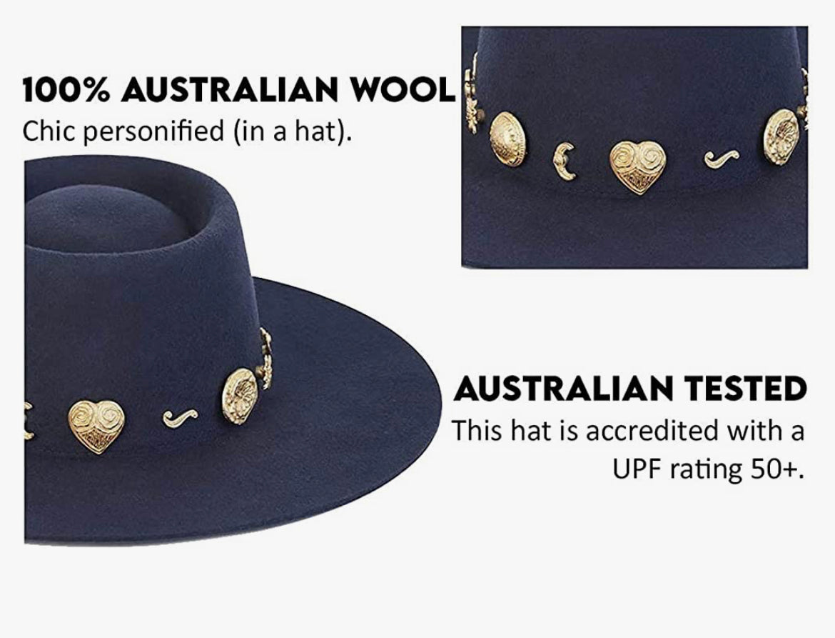 Lack of Color Women's Wool Boater Hat with Gold Conchos: Cosmic Navy
